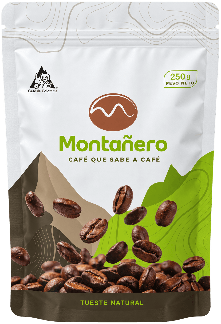 Bolsa de Café Montañero de 250 g: café molido de tueste natural, con el sello Café de Colombia.